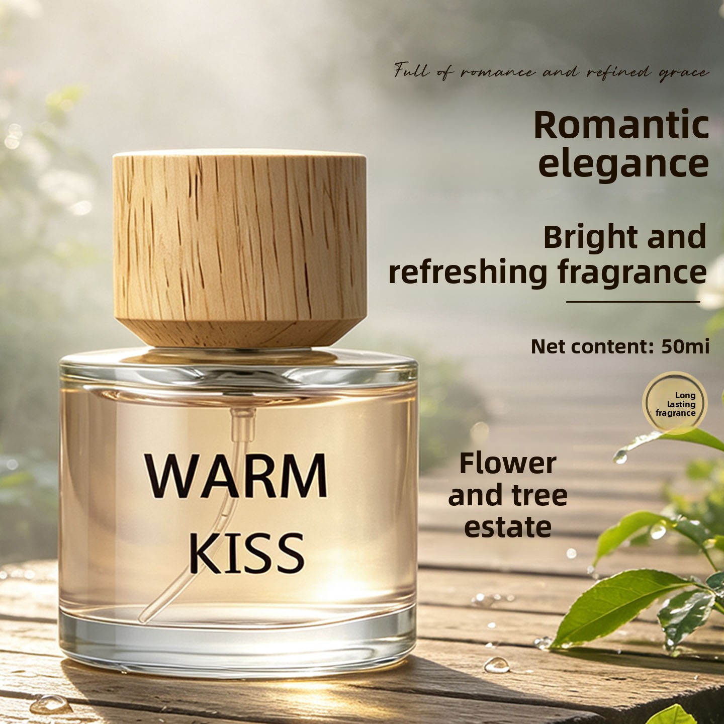 Perfume Fragrance Notes - WARM KISS น้ำหอมสำหรับผู้หญิง ดีไซน์ฝาไม้ กลิ่นหอมแนววู้ดดี้ฟลอรัล ติดทนนาน